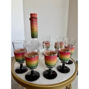 Empoli Style Italian Glass Genie Bottle Decanter & 7 Wrapped Glasses MCM Barware